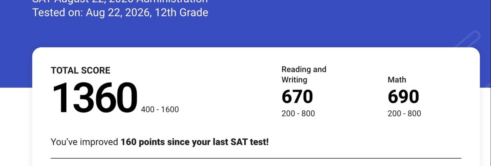 Score report: 1360 total, 690 Math (from 590), up 160 points overall