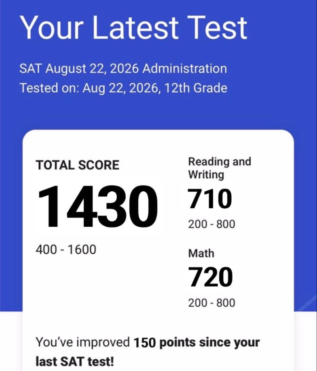 Score report: 1430 total, 720 Math (from 610), up 150 points overall