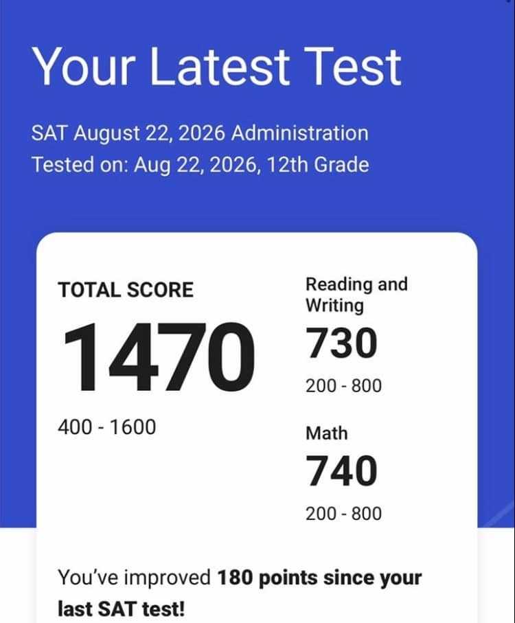 Score report: 1470 total, 740 Math (from 640), up 180 points overall