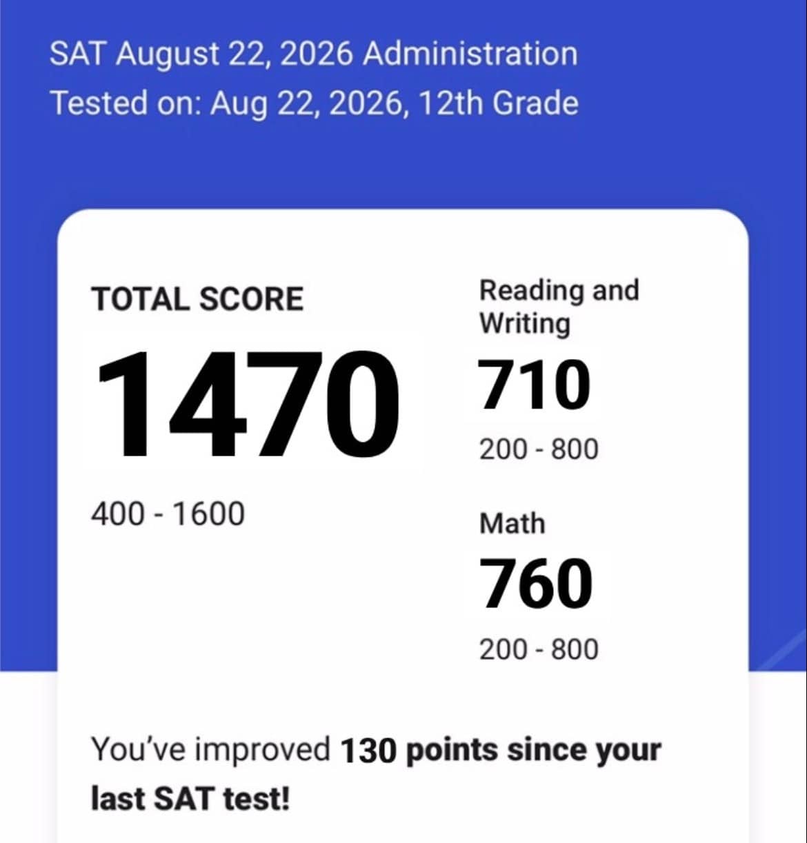 Score report: 1470 total, 760 Math (from 650), up 130 points overall