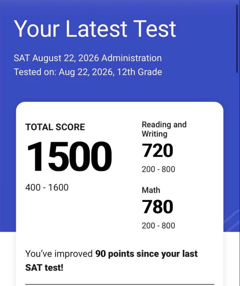 Score report: 1500 total, 780 Math (from 700), up 90 points overall