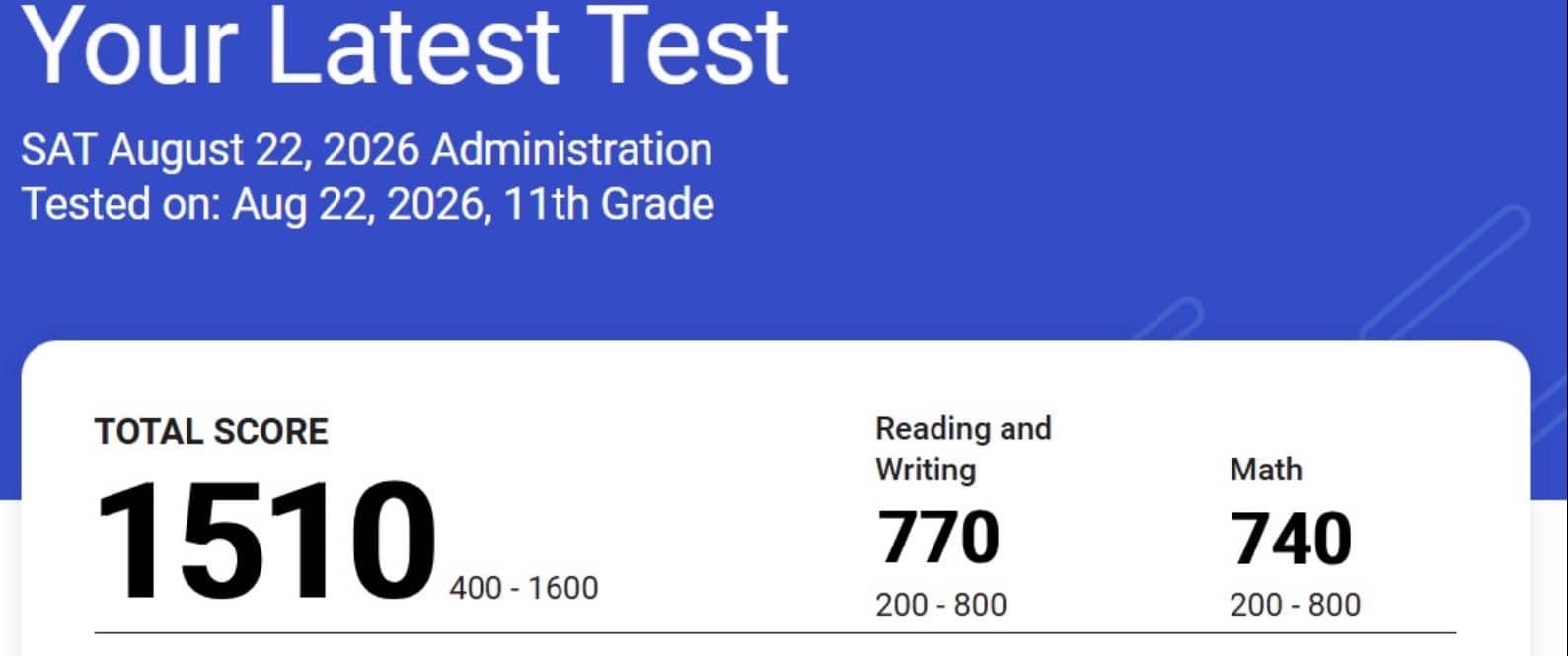 Score report: 1510 total, 740 Math