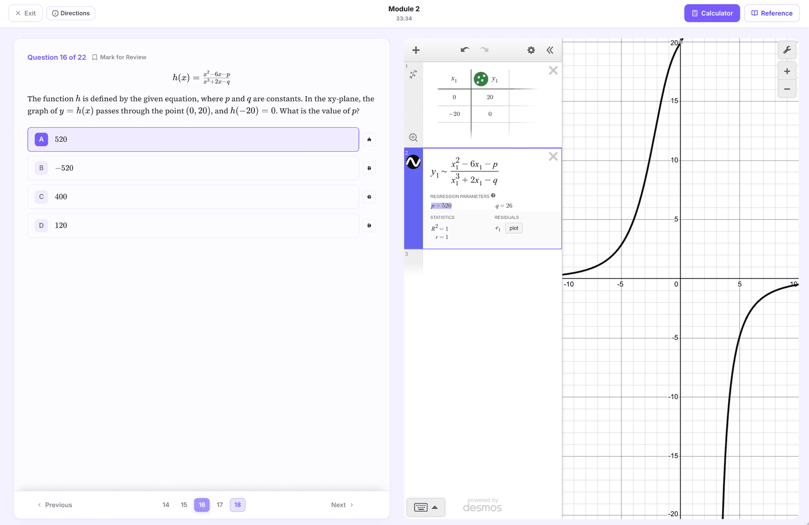 Click to enlarge Sigma Prep test interface: a timed module question with the built-in Desmos calculator open