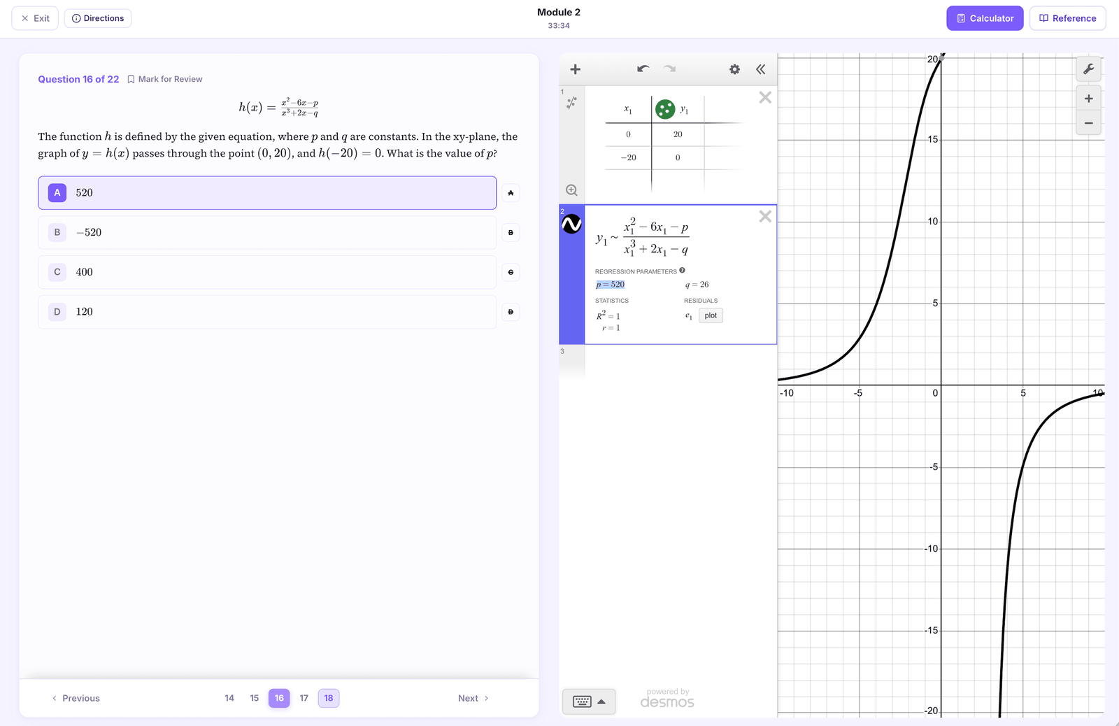 Click to enlarge Sigma Prep test interface: a timed module question with the built-in Desmos calculator open