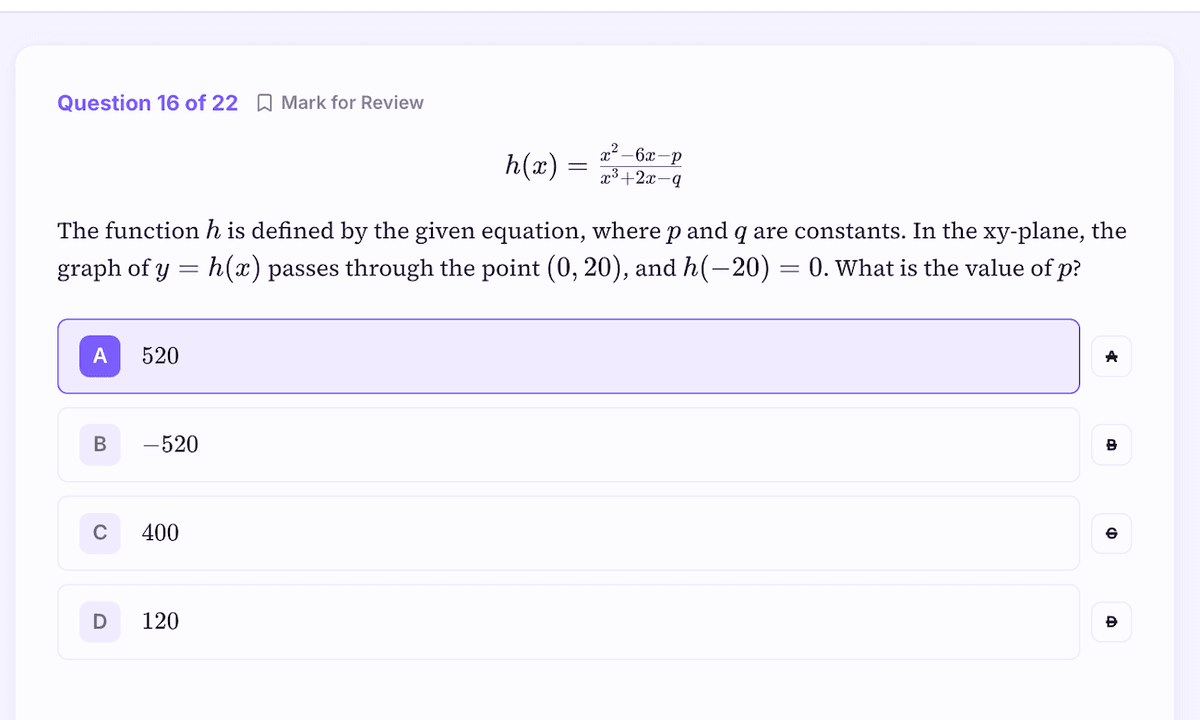 Click to enlarge A timed test question with answer choices and the answer-elimination tool, exactly like Bluebook
