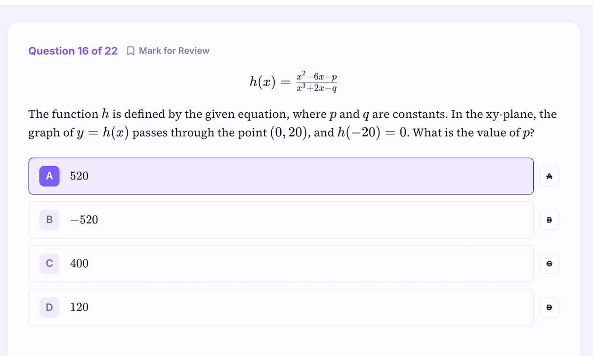 Click to enlarge A timed test question with answer choices and the answer-elimination tool, exactly like Bluebook