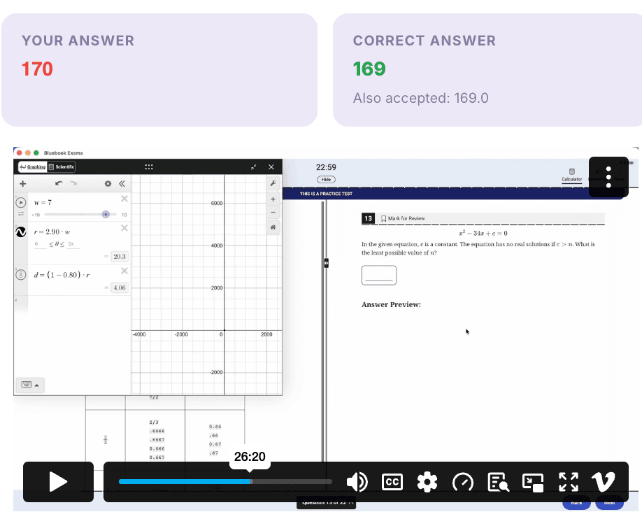 Click to enlarge Missed-question review: your answer versus the correct answer, with the video walkthrough below