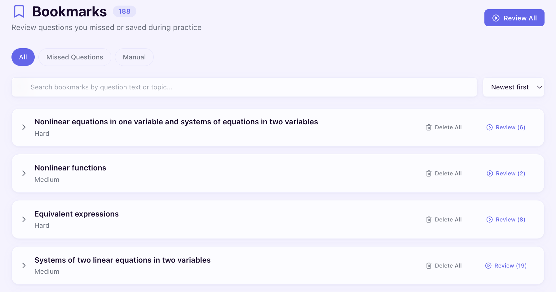 Sigma Prep bookmarks page showing missed questions organized by topic with sort and search options