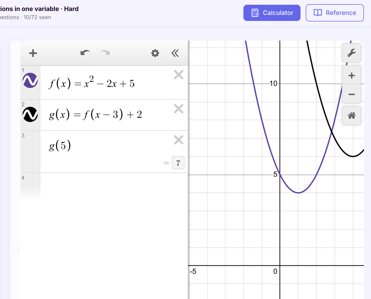 Desmos showing f(x)=x²-2x+5, g(x)=f(x-3)+2, and g(5)=7