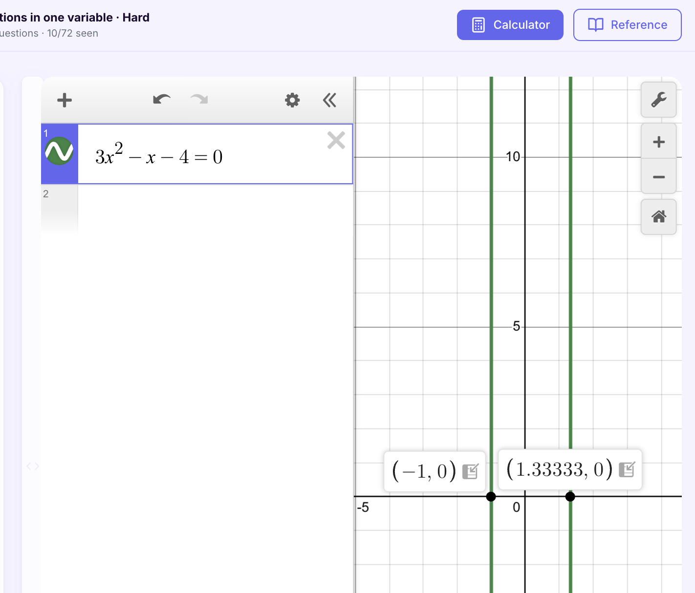 Desmos showing quadratic equation 3x²-x-4=0 with solutions at x=-1 and x=1.33333