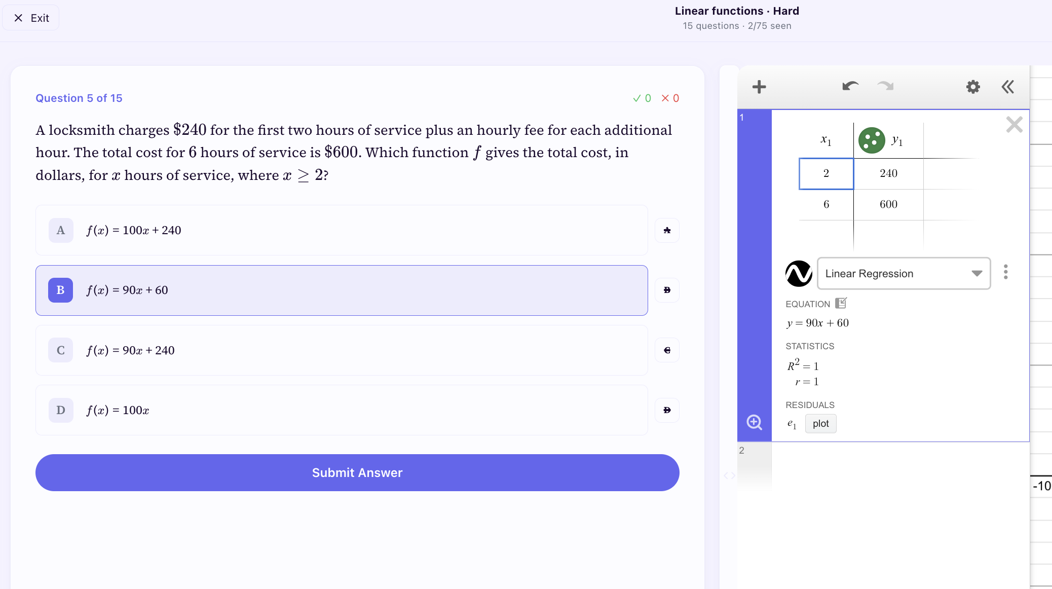 Desmos showing the linear regression result y = 90x + 60 with answer B selected