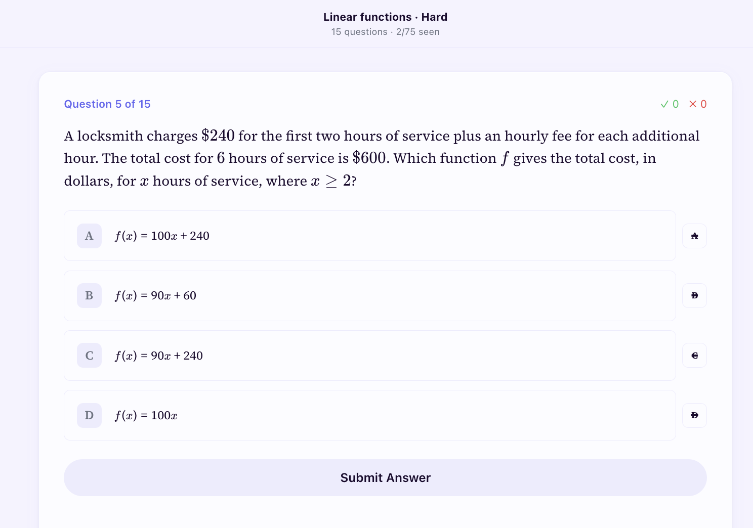 SAT Math question about a locksmith charging for hours of service