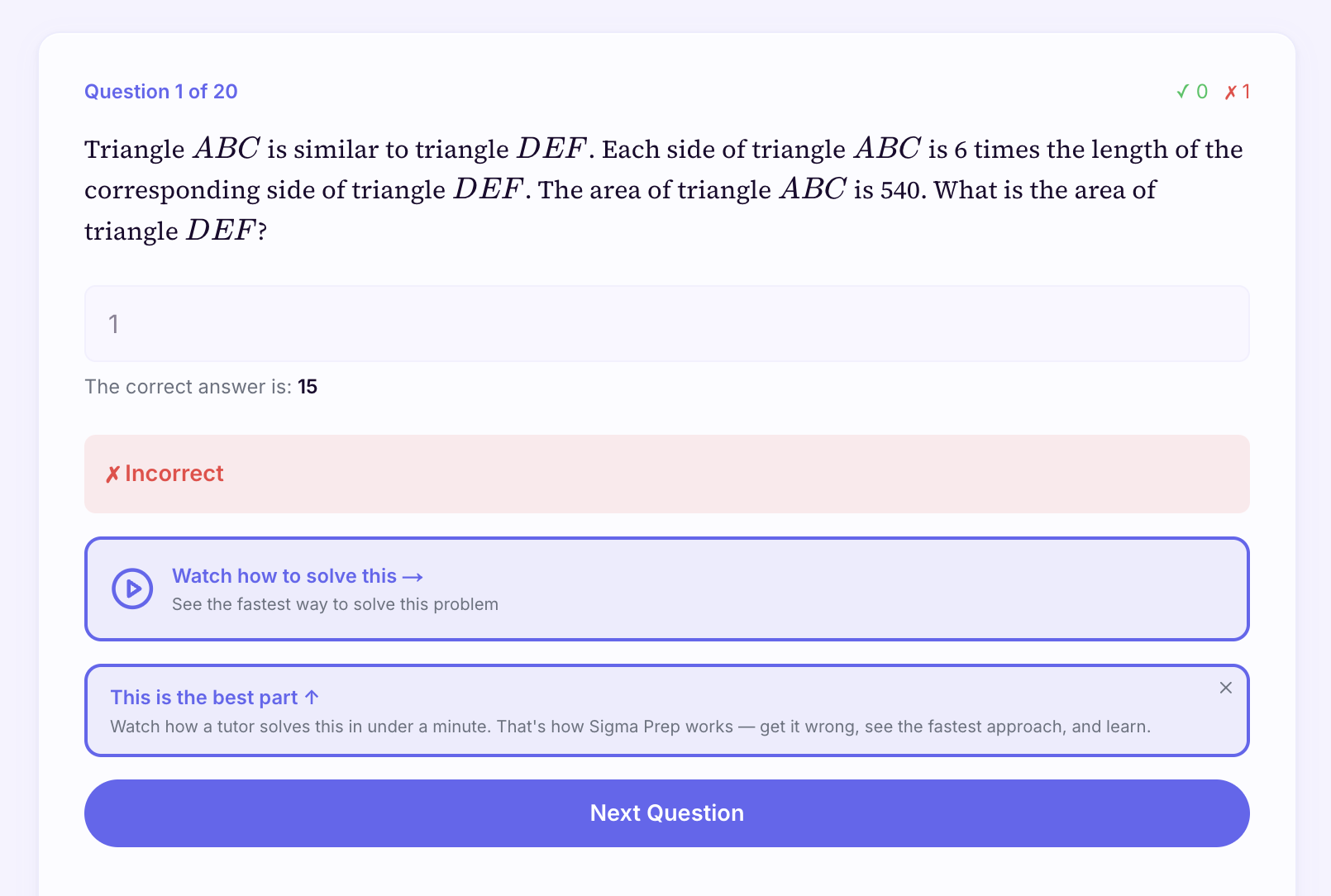 Sigma Prep SAT Math free-response question with a typed answer box, the correct answer shown, and a video solution link