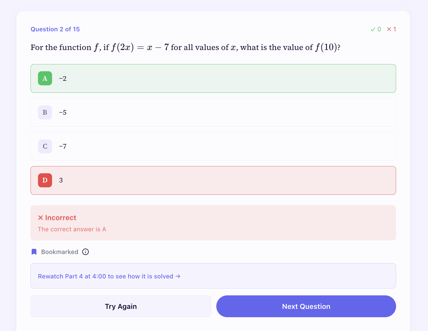 Sigma Prep showing incorrect answer with video explanation link and Try Again button