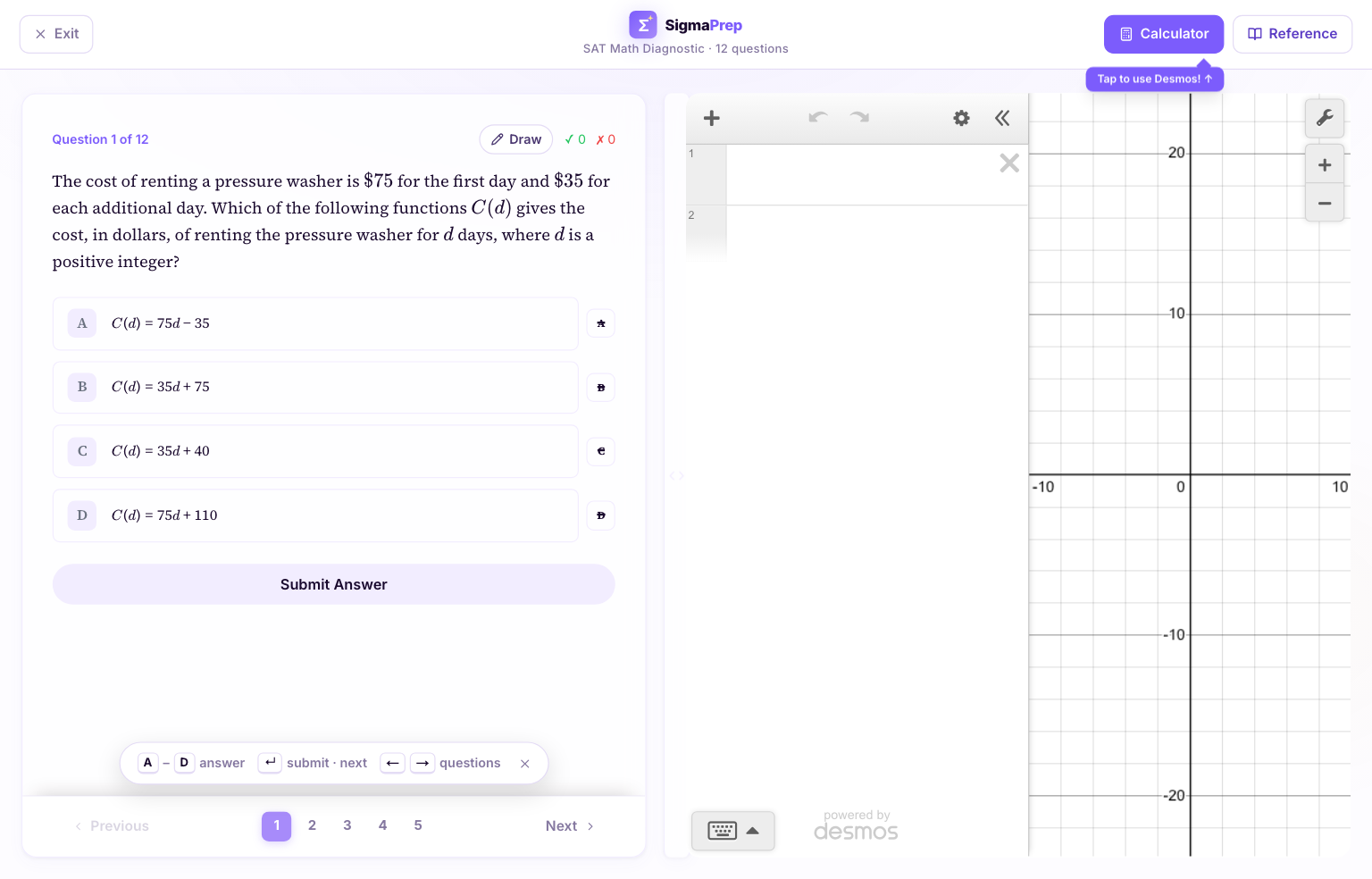 Sigma Prep free SAT Math diagnostic: question 1 of 12 with the Desmos calculator open