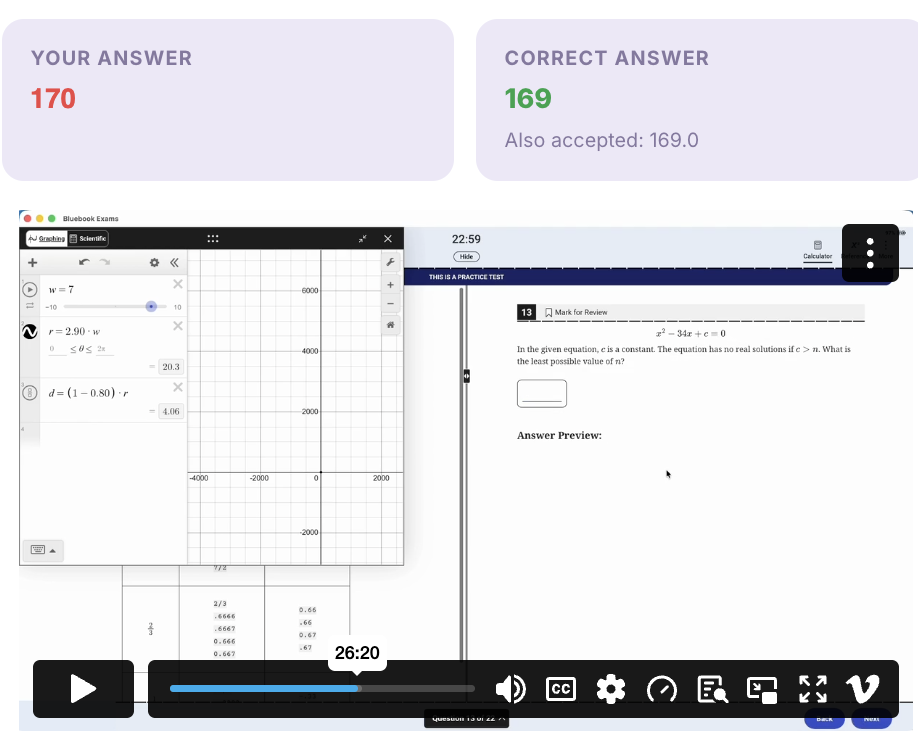 Sigma Prep review of a missed SAT Math free-response question, answer 170 against 169, with the video solution