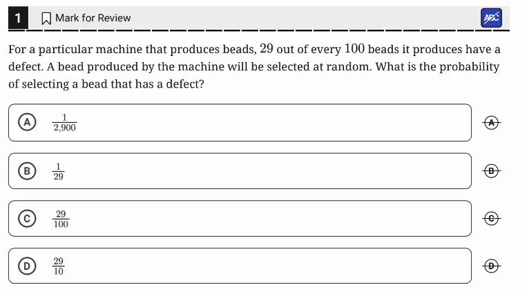SAT Practice Test 10, Module 1, Question 1 (Probability and conditional probability) as it appears in the walkthrough video