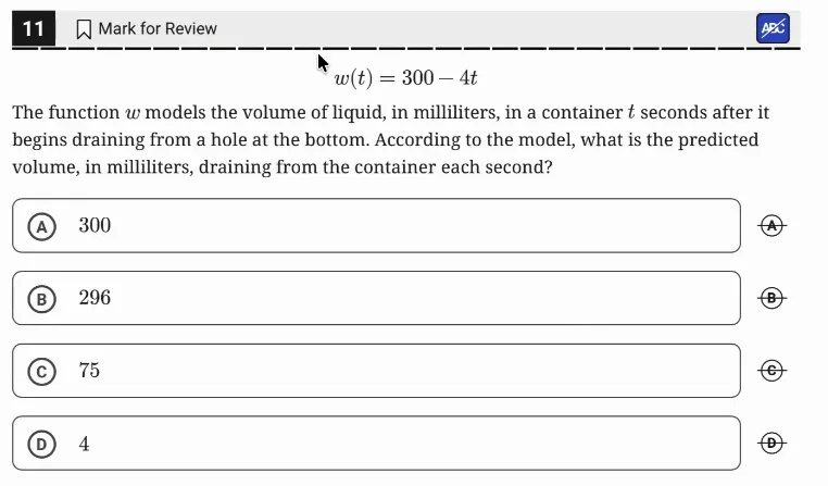 SAT Practice Test 10, Module 1, Question 11 (Linear functions) as it appears in the walkthrough video