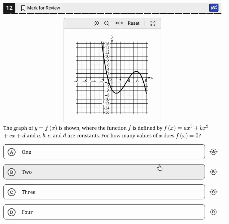 SAT Practice Test 10, Module 1, Question 12 (Nonlinear functions) as it appears in the walkthrough video