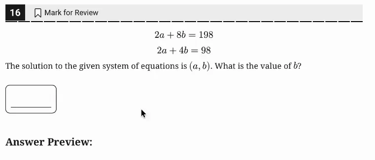 SAT Practice Test 10, Module 1, Question 16 (Systems of two linear equations in two variables) as it appears in the walkthrough video