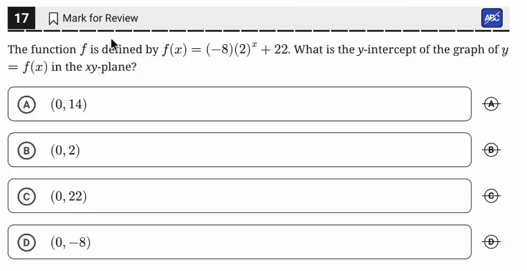 SAT Practice Test 10, Module 1, Question 17 (Nonlinear functions) as it appears in the walkthrough video