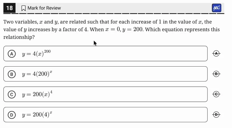 SAT Practice Test 10, Module 1, Question 18 (Nonlinear functions) as it appears in the walkthrough video