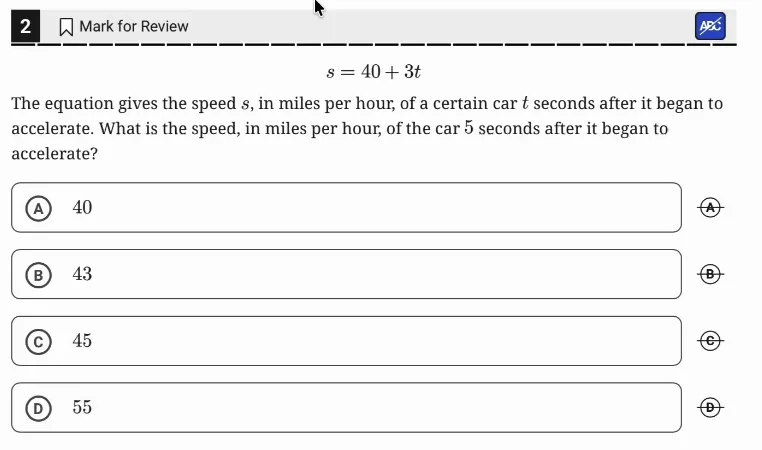 SAT Practice Test 10, Module 1, Question 2 (Linear functions) as it appears in the walkthrough video