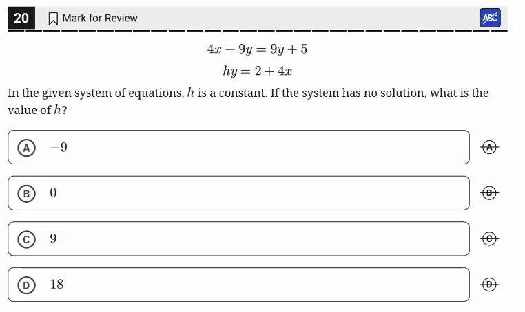 SAT Practice Test 10, Module 1, Question 20 (Systems of two linear equations in two variables) as it appears in the walkthrough video