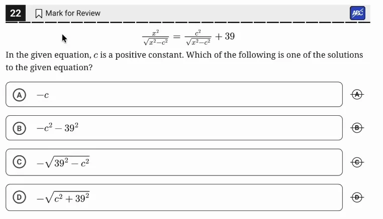 SAT Practice Test 10, Module 1, Question 22 (Nonlinear equations in one variable and systems of equations in two variables) as it appears in the walkthrough video