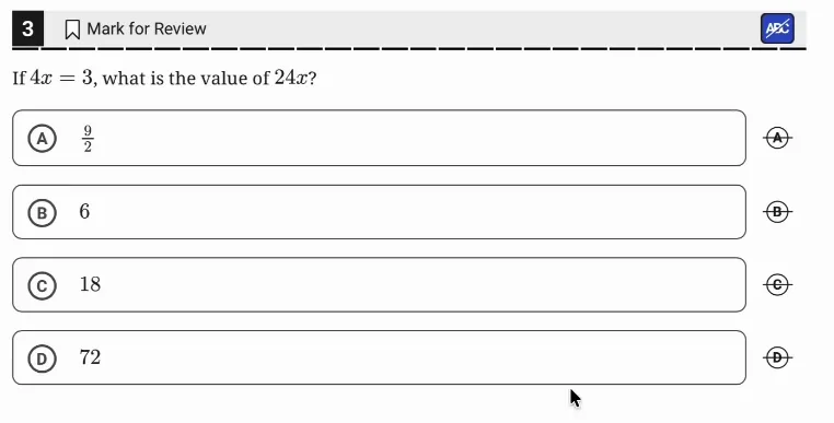 SAT Practice Test 10, Module 1, Question 3 (Linear equations in one variable) as it appears in the walkthrough video