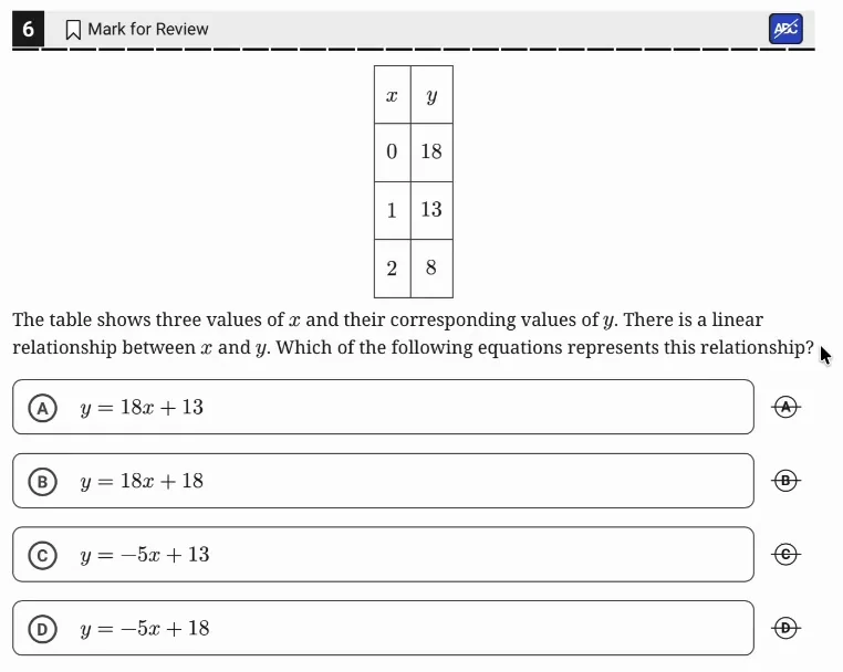 SAT Practice Test 10, Module 1, Question 6 (Linear equations in two variables) as it appears in the walkthrough video