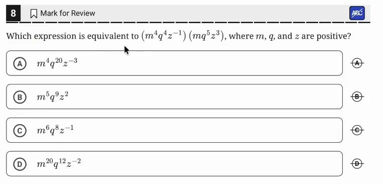 SAT Practice Test 10, Module 1, Question 8 (Equivalent expressions) as it appears in the walkthrough video