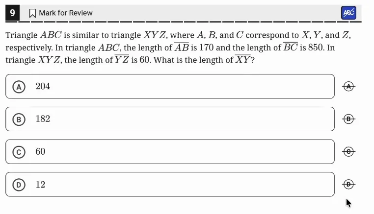 SAT Practice Test 10, Module 1, Question 9 (Lines, angles, and triangles) as it appears in the walkthrough video