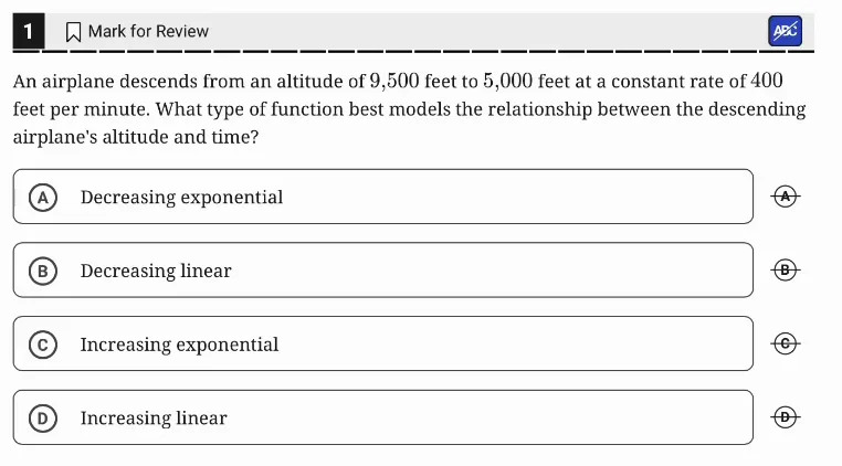SAT Practice Test 10, Module 2, Question 1 (Two-variable data: models and scatterplots) as it appears in the walkthrough video