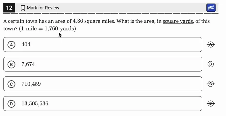 SAT Practice Test 10, Module 2, Question 12 (Ratios, rates, proportional relationships, and units) as it appears in the walkthrough video
