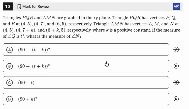 SAT Practice Test 10, Module 2, Question 13 (Lines, angles, and triangles) as it appears in the walkthrough video