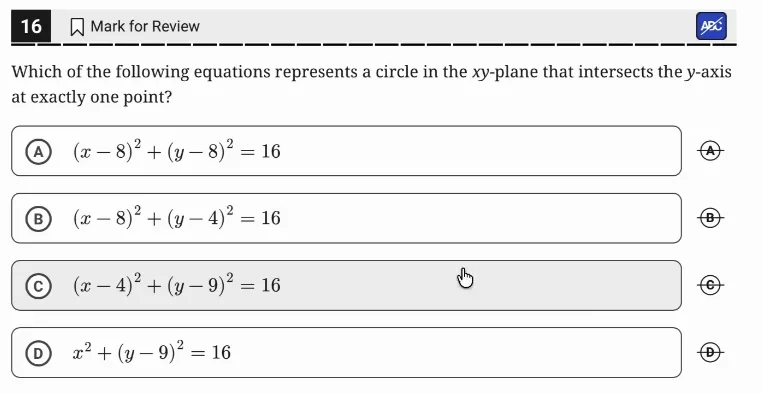 SAT Practice Test 10, Module 2, Question 16 (Circles) as it appears in the walkthrough video