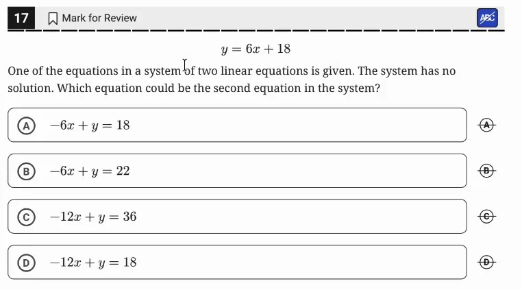 SAT Practice Test 10, Module 2, Question 17 (Systems of two linear equations in two variables) as it appears in the walkthrough video