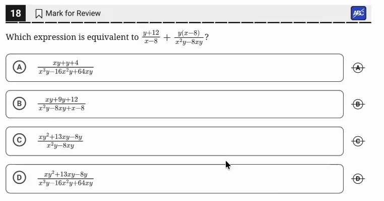 SAT Practice Test 10, Module 2, Question 18 (Equivalent expressions) as it appears in the walkthrough video