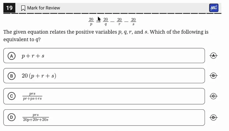 SAT Practice Test 10, Module 2, Question 19 (Nonlinear equations in one variable and systems of equations in two variables) as it appears in the walkthrough video