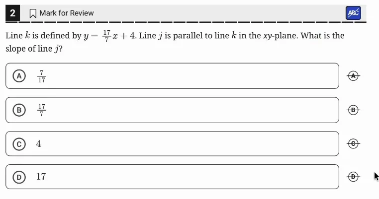 SAT Practice Test 10, Module 2, Question 2 (Linear equations in two variables) as it appears in the walkthrough video