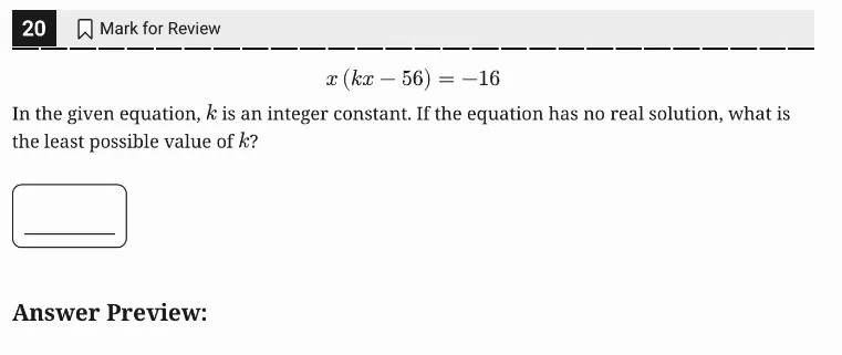 SAT Practice Test 10, Module 2, Question 20 (Nonlinear equations in one variable and systems of equations in two variables) as it appears in the walkthrough video