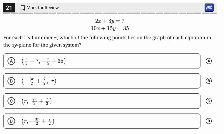 SAT Practice Test 10, Module 2, Question 21 (Systems of two linear equations in two variables) as it appears in the walkthrough video