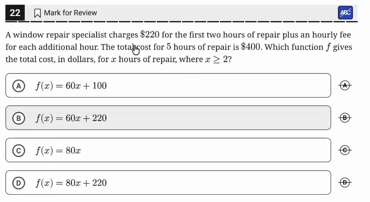 SAT Practice Test 10, Module 2, Question 22 (Linear functions) as it appears in the walkthrough video