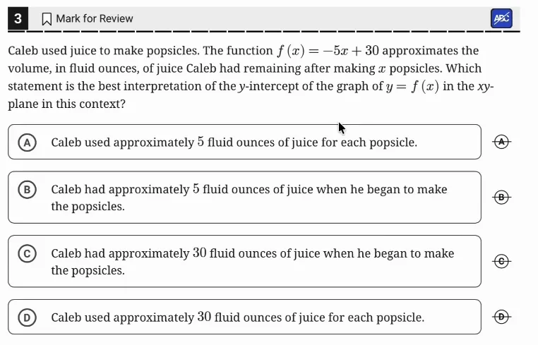 SAT Practice Test 10, Module 2, Question 3 (Linear functions) as it appears in the walkthrough video