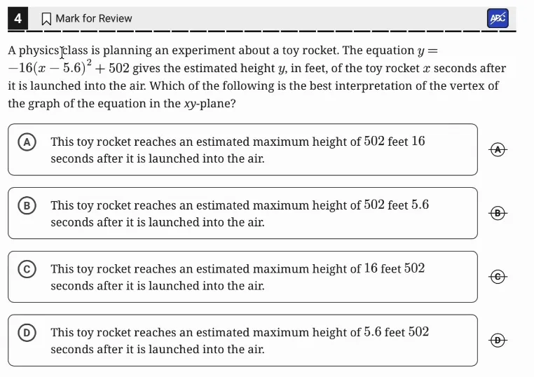 SAT Practice Test 10, Module 2, Question 4 (Nonlinear functions) as it appears in the walkthrough video
