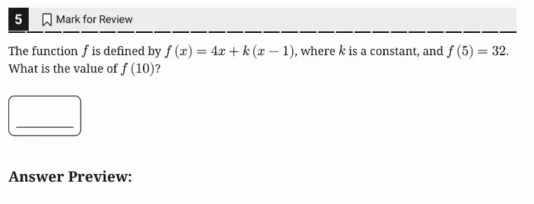 SAT Practice Test 10, Module 2, Question 5 (Linear functions) as it appears in the walkthrough video