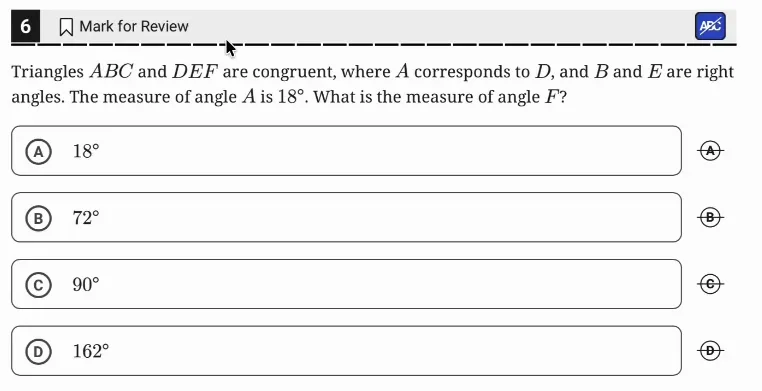 SAT Practice Test 10, Module 2, Question 6 (Lines, angles, and triangles) as it appears in the walkthrough video