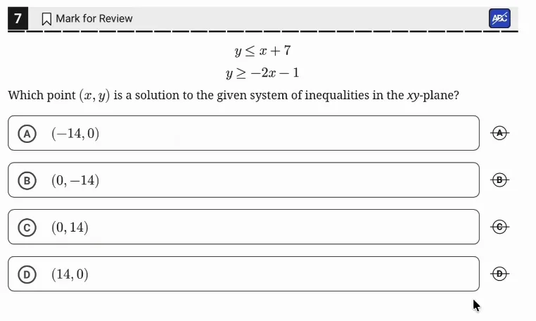 SAT Practice Test 10, Module 2, Question 7 (Linear inequalities in one or two variables) as it appears in the walkthrough video