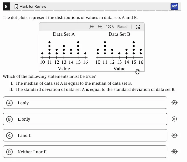 SAT Practice Test 10, Module 2, Question 8 (One-variable data: distributions and measures of center and spread) as it appears in the walkthrough video